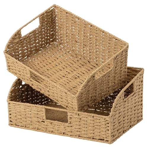 Pantry Baskets for Organizing (Light Brown(Paper Rope) / 15¾"L x 11"W x 7½"H + 14¼"L x 9¾"W x 6¾"H)