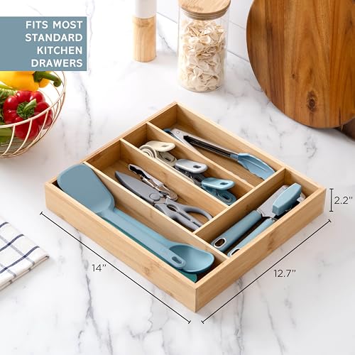 Bamboo Kitchen Utensil Set with Drawer Organizer (Blue / 18 Piece Gadget Set)