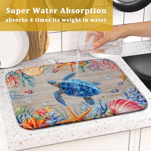 Sea Turtle Dish Drying Mat 16x18 inch Tropical Ocean Fast Dry Absorbent Microfiber Dishes Drainer Rack Pad for Countertop Bar Table Decor (Marine Turtle / 16" x 16")