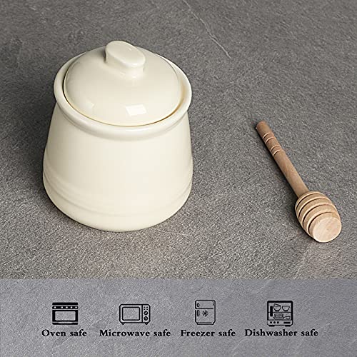 Porcelain Honey Jar with Lid and Honey Dipper (Beige)