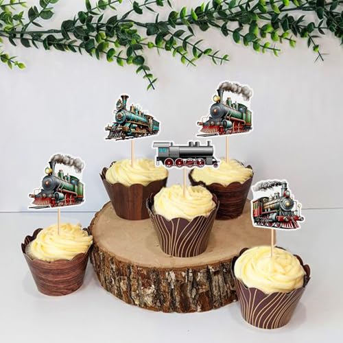 24Pcs Train Transportation Cupcake Toppers Vintage Locomotiv Cupcake Picks for Retro Train Boys Girls Birthday Party Baby Shower Cupcake Decorations Train Transportation Party Decors (Brown)