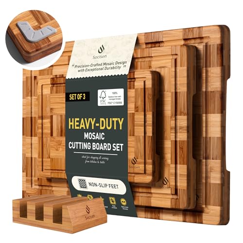 3 Pack Heavy Duty Bamboo Cutting Board Set Non Toxic Wooden Cutting Board for Kitchen Non Slip Solid End Grain Thick Wood Juice Groove Chopping Board Extra Large Butcher Block Best House Warming Gift (Multiple Sizes (Set of 3))