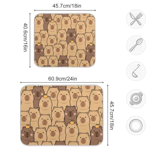 Cute Capybara Orange Dish Drying Mat for Kitchen Counter Absorbent Microfiber Drying Pad (16" x 16")