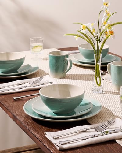 Ceramic Plates and Bowls Sets (Aqua Green / Service for 4)