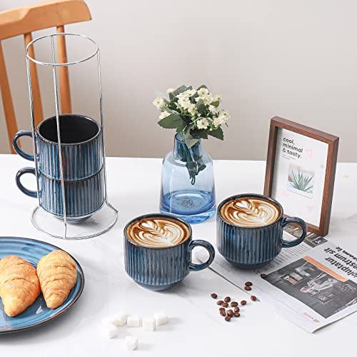 15 Oz Ribbed Stackable Coffee Mug Set of 4 (Navy / 15 Ounces)