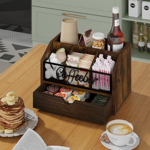 Coffee Station Organizer with Drawer for Countertop (Iron Mesh-Vintage Brown / 2 Tier)