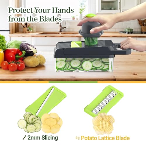 15-in-1 Vegetable Chopper 10 Blades, Veggie Cutter with Handle, Green/Grey (Green / 10 blades)