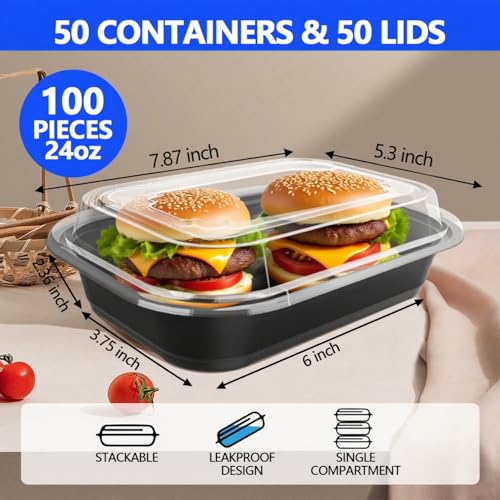 50 Pack (100-Piece) - 24oz Meal Prep Containers Salad & Snack Storage for Lunch | BPA Free & Leakproof Food Containers | To Go Take Out Plastic Bento Box | Microwave, Freezer, Dishwasher Safe (24 oz)
