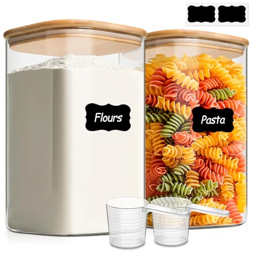 Glass Storage Jars with Bamboo Lids 4.6 Qt 2 Pack Large Wide Mouth (4.6Qt-Square-2Pack)