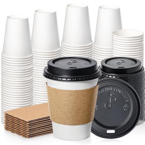 100 Pack 12 oz Disposable Coffee Cups with Lids (12 oz)