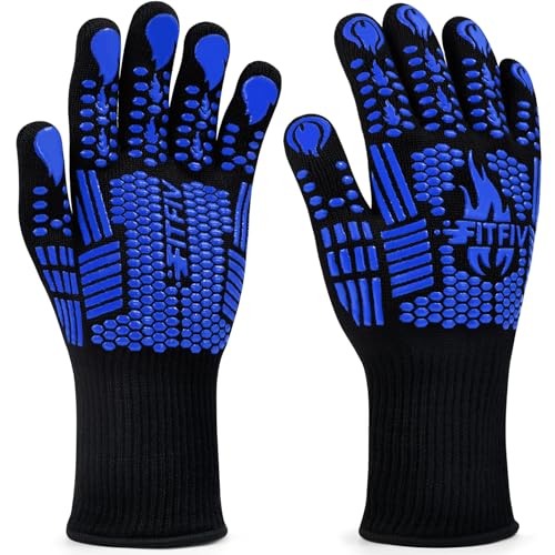 BBQ Gloves 1472°F Heat Resistant with Silicone Grip Oven Mitts (Blue / Long (Glove L 13.78" × Palm W 6.33"))