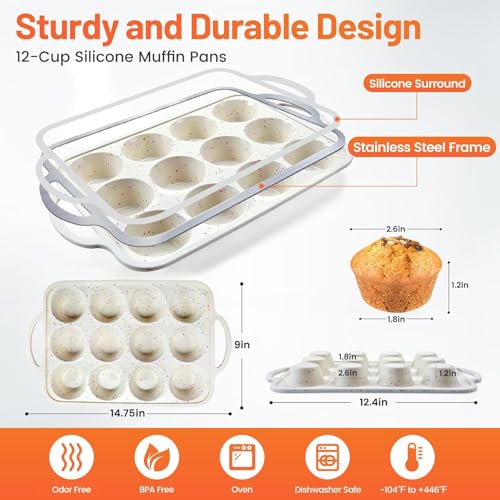 2Pack Silicone Muffin Pan for Baking with Metal Reinforced Frame (Standard)