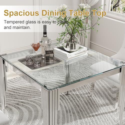 35'' Modern Square Glass Dining Table for 4 People (Silver-clear / Square-35.43" L x 35.43" W x 29.53" H)