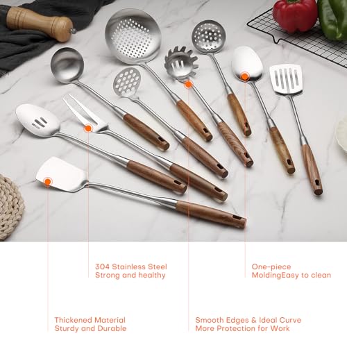 10 Pcs Cooking Utensils Set 304 Stainlss Steel Kitchen Utensils Set Heat Resistant Wooden Handle Kitchen Tools Metal Kitchen Utensil Soup Ladle Set (Wooden Handle-10 Pcs)