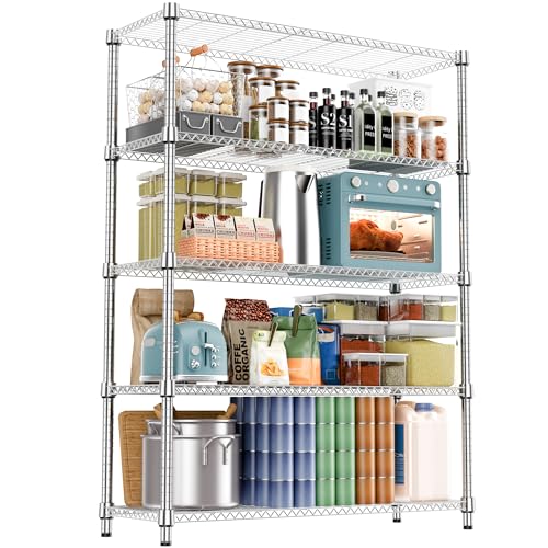 1750LBS 47.2" W 5 Tiers Shelf Steel Storage Shelves Metal Shelving Unit Steel Organizer Wire Rack for Home (5 tier, 17.7" D x 47.2" W x 72.4" H / Chrome)