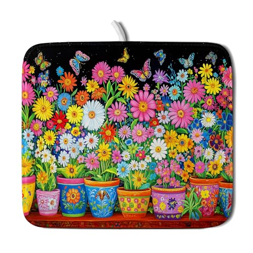Colorful Floral Dish Drying Mat 16 X 18 Black Spring Flowers Absorbent Microfiber Kitchen Decor Counter Mats (Vintage Flowers Colorful / 18" x 16")