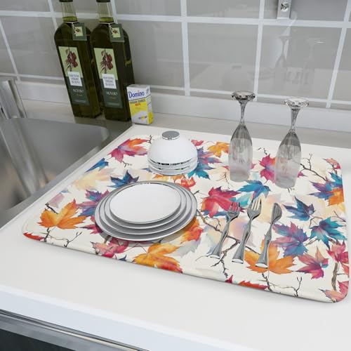 Maple Leaf Dish Drying Mat fall autumn colorful leaves absorbent dish drain mats for kitchen counter (Maple Leaf 606 / 24" x 18")