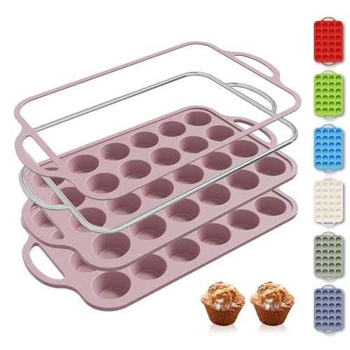 2 Packs 24 Cups Silicone Muffin Pan with Metal Reinforced Frame Mini Size Cupcake Pan Tray Egg Bites Silicone Circle Cookie Molds Muffin Tin Tart Pans Baking Sheet Set for Breakfast Sandwiches (Mini / Morandi Pink)