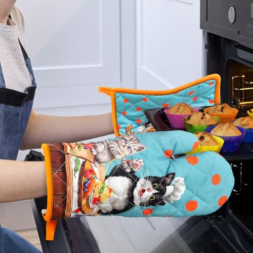 Cute Cat Oven Mitts and Pot Holders Set (Cat / Oven Mitt x1 & Pot Holder x1)