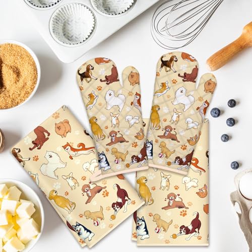 Cute Dogs Kitchen Towels and Oven Mitts Set 4Pcs (Dog)