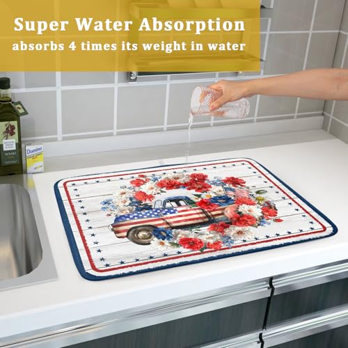 Patriotic Truck Dish Drying Pad 4th of July Drying Mat for Kitchen Counter Coffee Bar Sinks 18 X 24 Inch (Patriotic Truck Blue / 24" x 18")