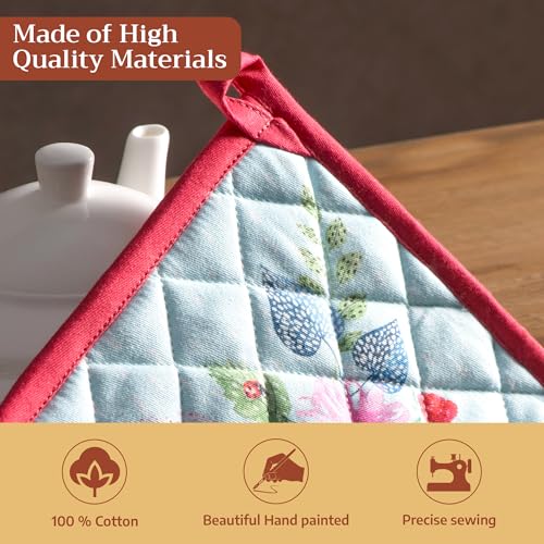 Pot Holders 100% Cotton Potholders (093 - Jardin D'ete - Mint / 8" x 8" (Pot Holder Pack of 2))