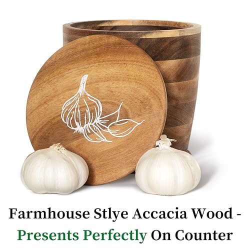 The Garlic Shack Acacia Garlic Keeper For Counter With Lid. Large 5.6 Inch