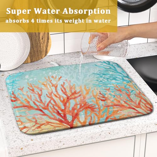 Coastal Coral Dish Drying Mat Beach Ocean Drainer Rack Mat 16x18 Inch Microfiber Absorbent Reversible Dish Dry Pad for Kitchen Counter Sink (Pink Coastal Coral / 16x18 inch)