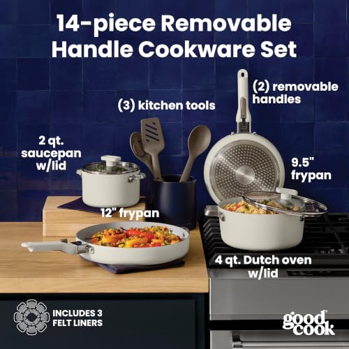 14 Piece Ceramic Cookware Set with Removable Handles (Cream)