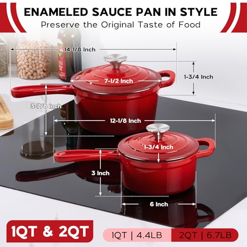 Enameled Cast Iron Sauce Pan (Red / 1+2 Quarts)