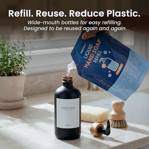 Glass Dish Soap Dispenser for Kitchen Set of 2 (Black Bottles/Black Bamboo Pumps)