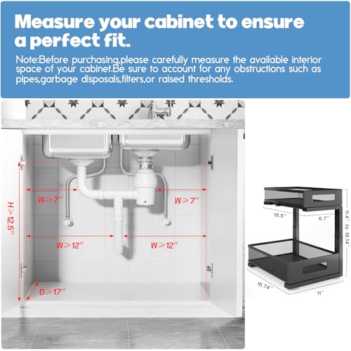1 Pack-11.4"-16.14"H Under Sink Storage Organizer, Large 2-Tier Elegant Mesh Pull Out Shelf for Kitchen and Bathroom Cabinet Organization, L-Shaped and Adjustable Height Design for Maximum Space-Black (Black / 1 Pack-15.74"Dx11.4"-16.14"H)