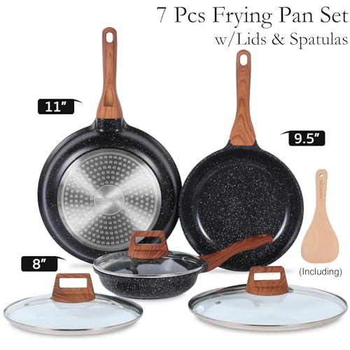 Nonstick Ceramic Frying Pans Skillets Set with Lids (8"+9.5"+11" Set w/Lids / Black)