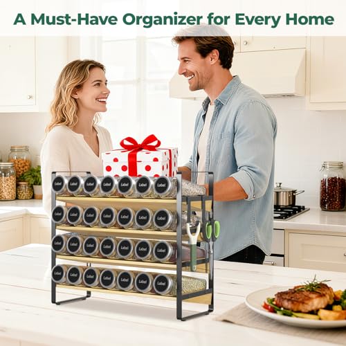 Spice Seasoning Rack Organizer Kitchen Countertop (Matte Black+Bamboo)