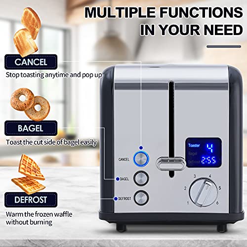 2 Slice Stainless Steel Toaster with Digital LED Display (Black Stainless Steel / 2 Slice)