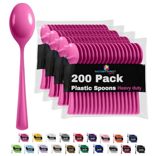 Party Solids Disposable Hot Pink Plastic Spoons 200 Pcs (Cerise / Spoons)