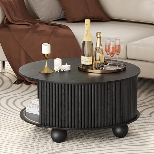 Round Coffee Table with Storage for Living Room (Black)