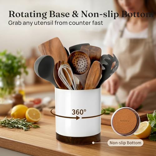 Ceramic Rotating Utensil Holder for Countertop Kitchen Organizer White (White)