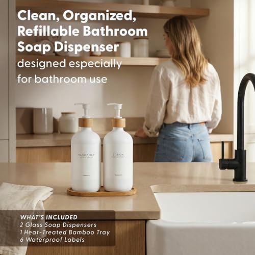 Soap Dispenser Set (White Bottles White Bamboo Pumps)