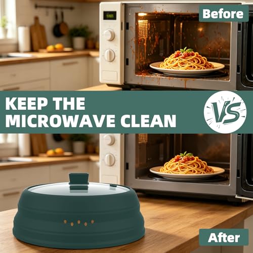 Microwave Splatter Cover Glass Cover Guard Lid with Collapsible Silicone for Food Pot Plate Cover 10.8 inch Dark Green (Dark Green / 10.8 inch)