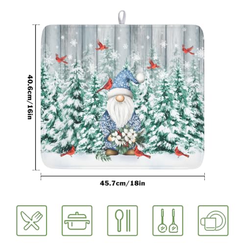 Winter Gnome Dish Drying Mat Pine Tree Dishes Pad 16"x18" Microfiber Absorbent Fast Dry Drainer Rack Mats Protector for Kitchen Countertop (Winter Gnome Bird / 16x18 inch)