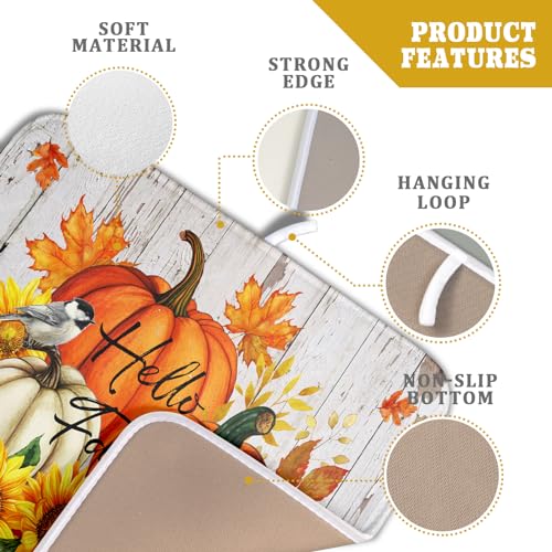 Hello Fall Dish Drying Mat for Kitchen Counter 16x18 Inch Orange Pumpkin Absorbent Drying Pad with Hanging Loop Autumn Home Decoration (Hello Fall Pumpkin / 16" x 18")