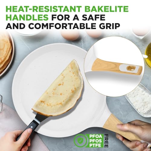 2-Pack Non-Stick Crepe Pan Set – 11” Marble Coated Dosa Pans with Wooden Spreaders, Bakelite and Wood Handles, Induction-Compatible, Easy-to-Clean, Stain-Resistant, White Cream Marble (Cream / 11" (2-Pack))