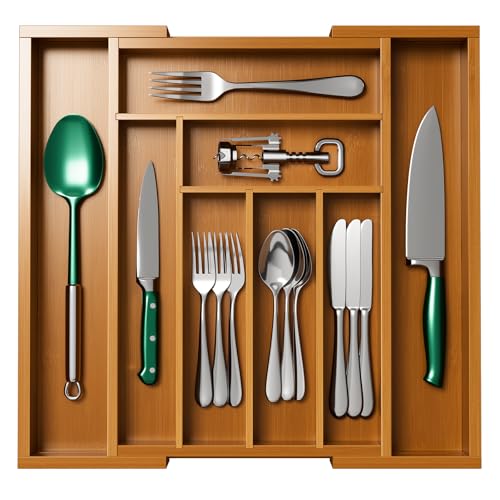Bamboo Expandable Silverware Drawer Organizer (Brown / Medium)