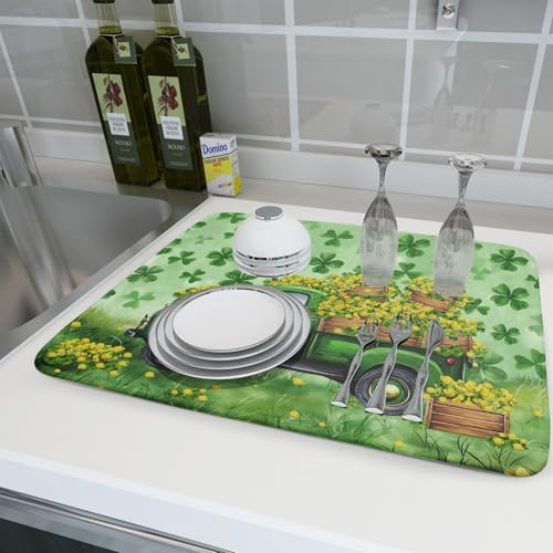 Holiday Dish Drying Mat for Kitchen Counter（Green Lucky Truck） (Green Lucky Truck / 24" x 18")
