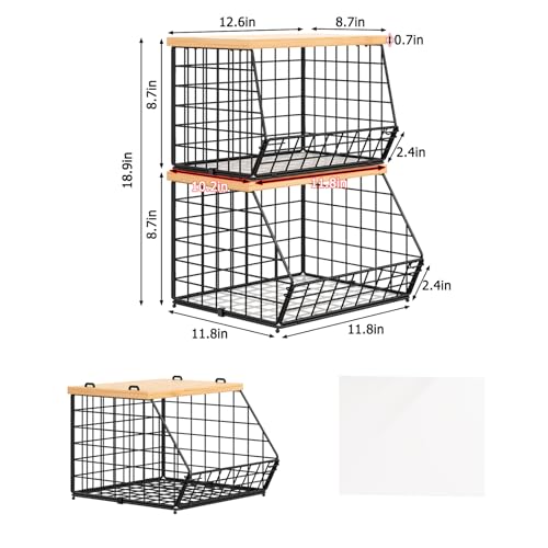 2 Set Stackable Wire Basket with Wooden Tops & Pad for kitchen organizers and storage (2pcs*11.8"*11.8"*18.9")