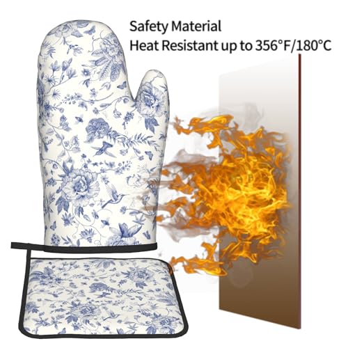 Chinoiserie Flower Oven Mitts and Pot Holder Blue Leaves Heat Resistant 2Pcs Washable Oven Gloves Hot Pads for Kitchen Baking Grilling BBQ (Chinoiserie Flower)