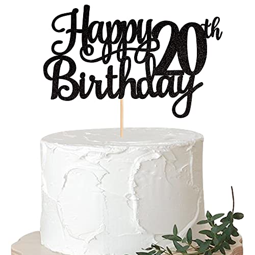 1 PCS Happy 20th Birthday Cake Topper Glitter Cheers to 20 Years Birthday Cake Pick Twenty 20 Fabulous Cake Decoration for Happy 20th Birthday Theme Party Decorations Supplies Black (Black / 20th)