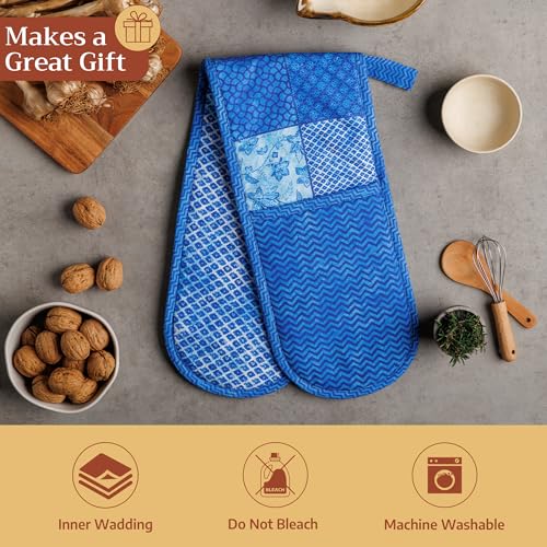 Double Oven Mitts 100% Cotton Double Oven Glove (027 - Indigo Love / 7" x 35" (Double Oven Mitt))