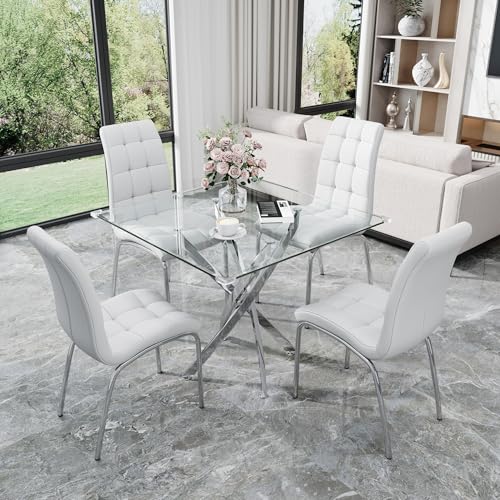 5 Piece Square Glass Dining Table Set (Silver Square Table/White Pu Chairs / 5 Pieces)